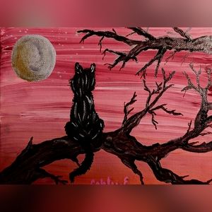 painting of cat in tree